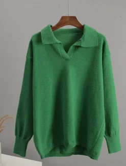 Women's Sweater Pullover Sweater Jumper Casual Soft Pure Color Ribbed Shirt Collar Knitted Long Sleeve Regular Tops Knit Outdoor Daily Weekend White Green Fall Winter Women Pullovers & Tops