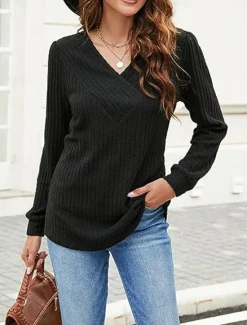 Online Women's Sweater Pullover Sweater Jumper Casual Soft Pure Color Ribbed V Neck Knitted Long Sleeve Regular Tops Knit Outdoor Daily Weekend Black Fuchsia Fall Winter Women Pullovers & Tops
