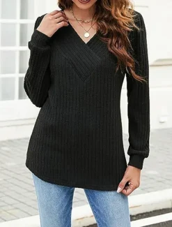 Online Women's Sweater Pullover Sweater Jumper Casual Soft Pure Color Ribbed V Neck Knitted Long Sleeve Regular Tops Knit Outdoor Daily Weekend Black Fuchsia Fall Winter Women Pullovers & Tops