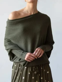 Discount Women's Sweater Pullover Sweater Jumper Casual Soft Pure Color Ribbed Boat Neck Knitted Long Sleeve Regular Tops Knit Outdoor Daily Weekend Navy Blue Green Fall Winter Women Pullovers & Tops