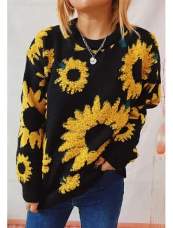 Online Women's Sweater Pullover Sweater Jumper Casual Soft Floral Ribbed Crew Neck Knitted Long Sleeve Regular Tops Knit Outdoor Daily Weekend Black Blue Fall Winter Women Pullovers & Tops