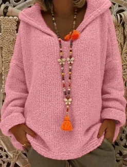 Discount Women's Sweater Pullover Sweater Jumper Casual Soft Pure Color Ribbed Hooded Knitted Long Sleeve Regular Tops Knit Outdoor Daily Weekend Pink Orange Fall Winter Women Pullovers & Tops