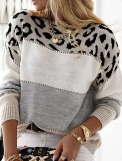 Discount Women's Sweater Pullover Sweater Jumper Casual Soft Leopard Ribbed Crew Neck Knitted Print Long Sleeve Regular Tops Knit Outdoor Daily Weekend Yellow Pink Fall Winter Women Pullovers & Tops