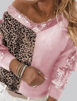 Hot Women's Sweater Pullover Sweater Jumper Casual Soft Leopard Ribbed V Neck Knitted Long Sleeve Regular Tops Knit Outdoor Daily Weekend Pink Camel Fall Winter Women Pullovers & Tops