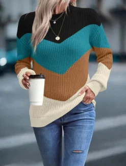 New Women's Sweater Pullover Sweater Jumper Casual Soft Color Block Ribbed Crew Neck Knitted Long Sleeve Regular Tops Knit Outdoor Daily Weekend Fuchsia Green Fall Winter Women Pullovers & Tops