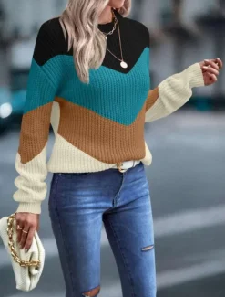 New Women's Sweater Pullover Sweater Jumper Casual Soft Color Block Ribbed Crew Neck Knitted Long Sleeve Regular Tops Knit Outdoor Daily Weekend Fuchsia Green Fall Winter Women Pullovers & Tops