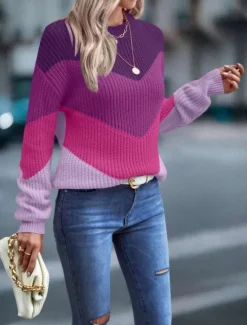 New Women's Sweater Pullover Sweater Jumper Casual Soft Color Block Ribbed Crew Neck Knitted Long Sleeve Regular Tops Knit Outdoor Daily Weekend Fuchsia Green Fall Winter Women Pullovers & Tops