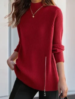 Sale Women's Sweater Pullover Sweater Jumper Casual Soft Pure Color Turtleneck Split Knitted Long Sleeve Long Tops Knit Outdoor Daily Weekend Red Navy Blue Fall Winter Women Pullovers & Tops