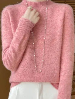 Women's Sweater Pullover Sweater Jumper Casual Soft Pure Color Ribbed Crew Neck Knitted Long Sleeve Regular Tops Knit Outdoor Daily Weekend Pink Beige Fall Winter Women Pullovers & Tops