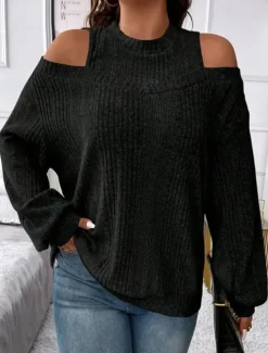 Clearance Women's Sweater Pullover Sweater Jumper Casual Soft Striped Ribbed Crew Neck Knitted Cold Shoulder Long Sleeve Regular Tops Knit Outdoor Daily Weekend Black Red Fall Winter Women Pullovers & Tops