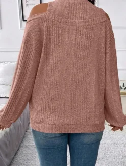 Clearance Women's Sweater Pullover Sweater Jumper Casual Soft Striped Ribbed Crew Neck Knitted Cold Shoulder Long Sleeve Regular Tops Knit Outdoor Daily Weekend Black Red Fall Winter Women Pullovers & Tops