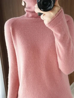 Online Women's Sweater Pullover Sweater Jumper Casual Soft Pure Color Ribbed Turtleneck Knitted Long Sleeve Regular Tops Knit Outdoor Daily Weekend Pink Camel Fall Winter Women Pullovers & Tops