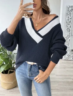 Discount Women's Sweater Pullover Sweater Jumper Casual Soft Pure Color Ribbed V Neck Knitted Long Sleeve Regular Tops Knit Outdoor Daily Weekend Black Navy Blue Fall Winter Women Pullovers & Tops