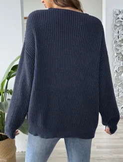Discount Women's Sweater Pullover Sweater Jumper Casual Soft Pure Color Ribbed V Neck Knitted Long Sleeve Regular Tops Knit Outdoor Daily Weekend Black Navy Blue Fall Winter Women Pullovers & Tops