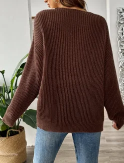 Discount Women's Sweater Pullover Sweater Jumper Casual Soft Pure Color Ribbed V Neck Knitted Long Sleeve Regular Tops Knit Outdoor Daily Weekend Black Navy Blue Fall Winter Women Pullovers & Tops