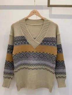 Outlet Women's Sweater Pullover Sweater Jumper Vintage Style Casual Soft Geometric Ribbed V Neck Knitted Long Sleeve Regular Tops Knit Outdoor Daily Weekend Fall Winter Women Pullovers & Tops
