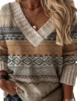 Outlet Women's Sweater Pullover Sweater Jumper Vintage Style Casual Soft Geometric Ribbed V Neck Knitted Long Sleeve Regular Tops Knit Outdoor Daily Weekend Fall Winter Women Pullovers & Tops