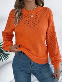 Discount Women's Sweater Pullover Sweater Jumper Casual Soft Pure Color Ribbed Crew Neck Hollow Out Knitted Long Sleeve Regular Tops Knit Outdoor Daily Weekend White Orange Fall Winter Women Pullovers & Tops