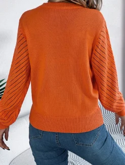 Discount Women's Sweater Pullover Sweater Jumper Casual Soft Pure Color Ribbed Crew Neck Hollow Out Knitted Long Sleeve Regular Tops Knit Outdoor Daily Weekend White Orange Fall Winter Women Pullovers & Tops