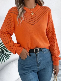 Discount Women's Sweater Pullover Sweater Jumper Casual Soft Pure Color Ribbed Crew Neck Hollow Out Knitted Long Sleeve Regular Tops Knit Outdoor Daily Weekend White Orange Fall Winter Women Pullovers & Tops