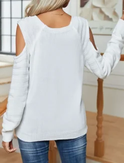 Women's Sweater Pullover Sweater Jumper Casual Soft Pure Color Cable Crew Neck Buttons Knitted Cold Shoulder Long Sleeve Regular Tops Knit Outdoor Daily Weekend White Fuchsia Fall Winter Women Pullovers & Tops