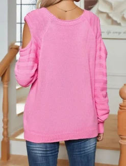 Women's Sweater Pullover Sweater Jumper Casual Soft Pure Color Cable Crew Neck Buttons Knitted Cold Shoulder Long Sleeve Regular Tops Knit Outdoor Daily Weekend White Fuchsia Fall Winter Women Pullovers & Tops