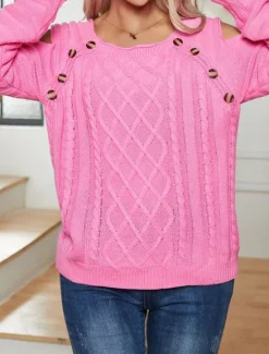 Women's Sweater Pullover Sweater Jumper Casual Soft Pure Color Cable Crew Neck Buttons Knitted Cold Shoulder Long Sleeve Regular Tops Knit Outdoor Daily Weekend White Fuchsia Fall Winter Women Pullovers & Tops