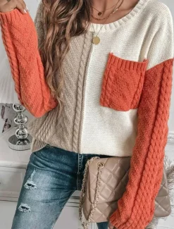 Online Women's Sweater Pullover Sweater Jumper Casual Soft Pure Color Cable Crew Neck Pocket Knitted Long Sleeve Regular Tops Knit Outdoor Daily Weekend Orange Fall Winter Women Pullovers & Tops