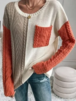 Online Women's Sweater Pullover Sweater Jumper Casual Soft Pure Color Cable Crew Neck Pocket Knitted Long Sleeve Regular Tops Knit Outdoor Daily Weekend Orange Fall Winter Women Pullovers & Tops