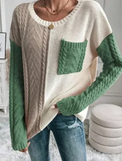 Online Women's Sweater Pullover Sweater Jumper Casual Soft Pure Color Cable Crew Neck Pocket Knitted Long Sleeve Regular Tops Knit Outdoor Daily Weekend Orange Fall Winter Women Pullovers & Tops