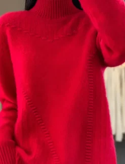 Women's Sweater Pullover Sweater Jumper Casual Soft Pure Color Ribbed Turtleneck Knitted Long Sleeve Regular Tops Knit Outdoor Daily Weekend White Red Fall Winter Women Pullovers & Tops