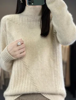 Women's Sweater Pullover Sweater Jumper Casual Soft Pure Color Ribbed Turtleneck Knitted Long Sleeve Regular Tops Knit Outdoor Daily Weekend White Red Fall Winter Women Pullovers & Tops