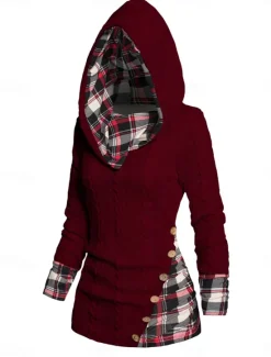 Women's Sweater Pullover Sweater Jumper Casual Soft Plaid Ribbed Hooded Patchwork Knitted Long Sleeve Regular Tops Knit Outdoor Daily Weekend Wine Beige Fall Winter Women Pullovers & Tops