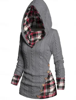Women's Sweater Pullover Sweater Jumper Casual Soft Plaid Ribbed Hooded Patchwork Knitted Long Sleeve Regular Tops Knit Outdoor Daily Weekend Wine Beige Fall Winter Women Pullovers & Tops