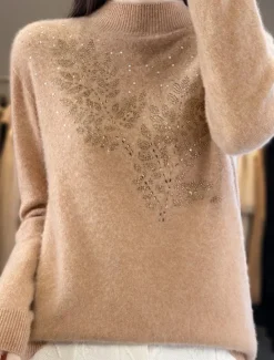 Online Women's Sweater Pullover Sweater Jumper Casual Soft Pure Color Ribbed Stand Collar Knitted Long Sleeve Regular Tops Knit Outdoor Daily Weekend Camel Beige Fall Winter Women Pullovers & Tops