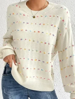 New Women's Sweater Pullover Sweater Jumper Casual Soft Pure Color Ribbed Crew Neck Patchwork Knitted Long Sleeve Regular Tops Knit Outdoor Daily Weekend Fall Winter Women Pullovers & Tops