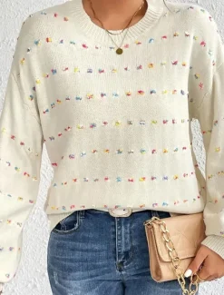New Women's Sweater Pullover Sweater Jumper Casual Soft Pure Color Ribbed Crew Neck Patchwork Knitted Long Sleeve Regular Tops Knit Outdoor Daily Weekend Fall Winter Women Pullovers & Tops
