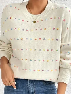 New Women's Sweater Pullover Sweater Jumper Casual Soft Pure Color Ribbed Crew Neck Patchwork Knitted Long Sleeve Regular Tops Knit Outdoor Daily Weekend Fall Winter Women Pullovers & Tops