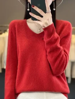 Hot Women's Sweater Pullover Sweater Fuzzy Jumper V Neck Ribbed Knit Knitted Fall Winter Outdoor Daily Weekend Casual Soft Long Sleeve Pure Color Red Fuchsia Women Pullovers & Tops