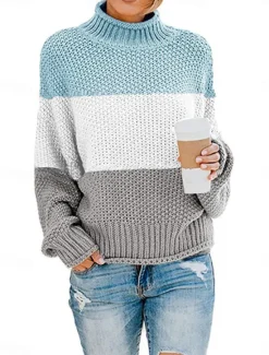 Online Women's Sweater Pullover Sweater Jumper Casual Soft Striped Ribbed Turtleneck Knitted Long Sleeve Regular Tops Knit Outdoor Daily Weekend White Red Fall Winter Women Pullovers & Tops