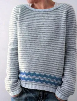 Women's Sweater Pullover Sweater Jumper Casual Soft Striped Ribbed Crew Neck Knitted Long Sleeve Regular Tops Knit Outdoor Daily Weekend Blue Khaki Fall Winter Women Pullovers & Tops