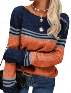 Sale Women's Sweater Pullover Sweater Jumper Casual Soft Striped Ribbed Crew Neck Patchwork Knitted Long Sleeve Regular Tops Knit Outdoor Daily Weekend Pink Orange Fall Winter Women Pullovers & Tops