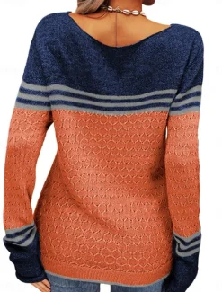 Sale Women's Sweater Pullover Sweater Jumper Casual Soft Striped Ribbed Crew Neck Patchwork Knitted Long Sleeve Regular Tops Knit Outdoor Daily Weekend Pink Orange Fall Winter Women Pullovers & Tops