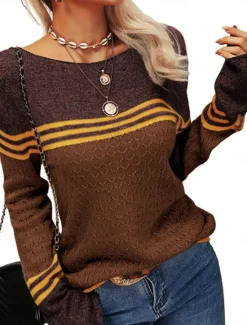 Sale Women's Sweater Pullover Sweater Jumper Casual Soft Striped Ribbed Crew Neck Patchwork Knitted Long Sleeve Regular Tops Knit Outdoor Daily Weekend Pink Orange Fall Winter Women Pullovers & Tops