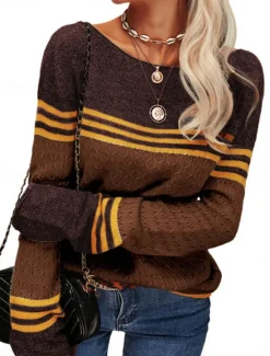 Sale Women's Sweater Pullover Sweater Jumper Casual Soft Striped Ribbed Crew Neck Patchwork Knitted Long Sleeve Regular Tops Knit Outdoor Daily Weekend Pink Orange Fall Winter Women Pullovers & Tops