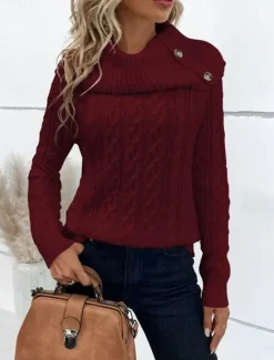 Clearance Women's Sweater Pullover Sweater Jumper Casual Soft Pure Color Ribbed Turtleneck Buttons Knitted Long Sleeve Regular Tops Knit Outdoor Daily Weekend Wine Khaki Fall Winter Women Pullovers & Tops