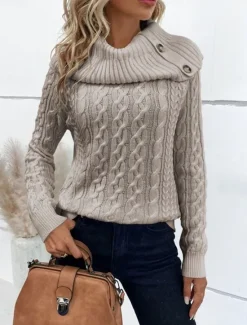 Clearance Women's Sweater Pullover Sweater Jumper Casual Soft Pure Color Ribbed Turtleneck Buttons Knitted Long Sleeve Regular Tops Knit Outdoor Daily Weekend Wine Khaki Fall Winter Women Pullovers & Tops