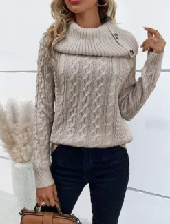 Clearance Women's Sweater Pullover Sweater Jumper Casual Soft Pure Color Ribbed Turtleneck Buttons Knitted Long Sleeve Regular Tops Knit Outdoor Daily Weekend Wine Khaki Fall Winter Women Pullovers & Tops