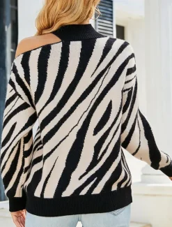 Outlet Women's Sweater Pullover Sweater Jumper Casual Soft Striped Ribbed Stand Collar Pocket Knitted Cold Shoulder Long Sleeve Regular Tops Knit Outdoor Daily Weekend Black Red Fall Winter Women Pullovers & Tops