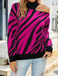 Outlet Women's Sweater Pullover Sweater Jumper Casual Soft Striped Ribbed Stand Collar Pocket Knitted Cold Shoulder Long Sleeve Regular Tops Knit Outdoor Daily Weekend Black Red Fall Winter Women Pullovers & Tops